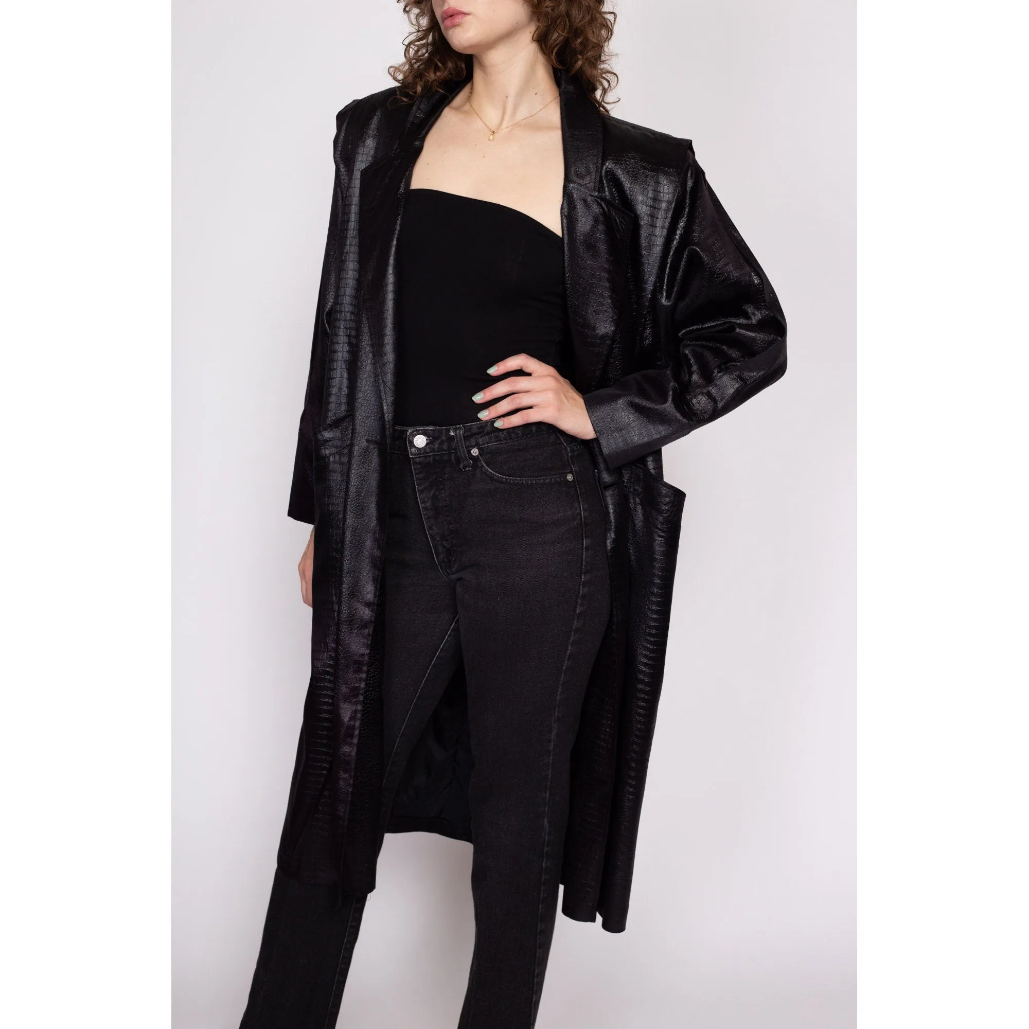 80s Black Faux Crocodile Trench Coat - Medium