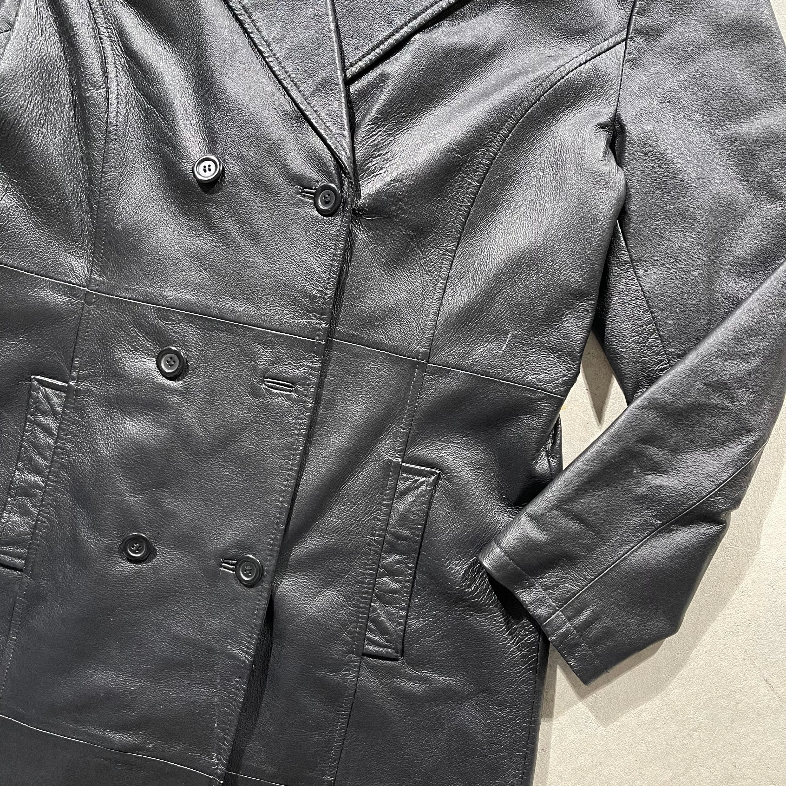 90s Black Leather Trench Coat- M