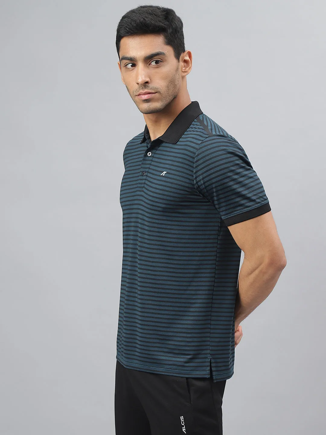 Alcis Men Blue Ashes Anti-Static Stretch-X Slim-Fit Running Polo T-Shirt