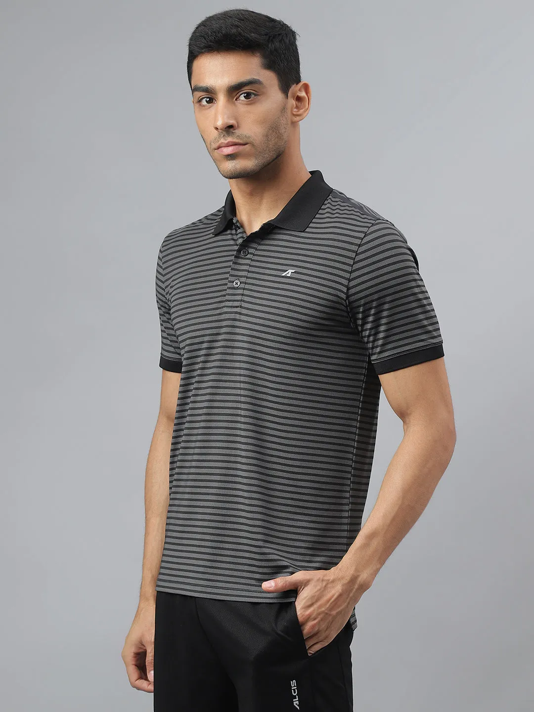 Alcis Men Dark Grey Anti-Static Stretch-X Slim-Fit Running Polo T-Shirt