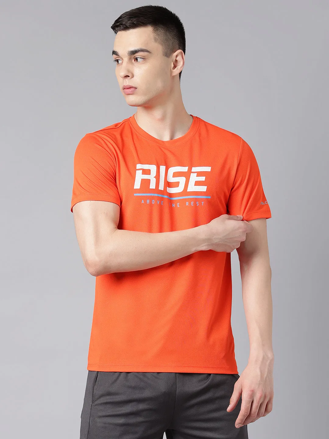 Alcis Men's Printed Orange Anti-Static Drytech  Slim-Fit Training Tee