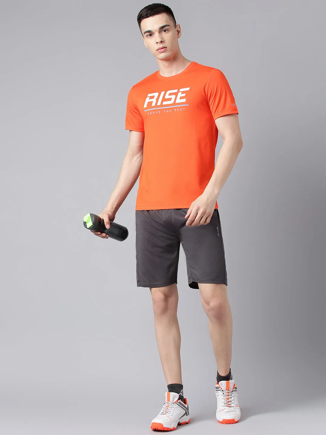 Alcis Men's Printed Orange Anti-Static Drytech  Slim-Fit Training Tee