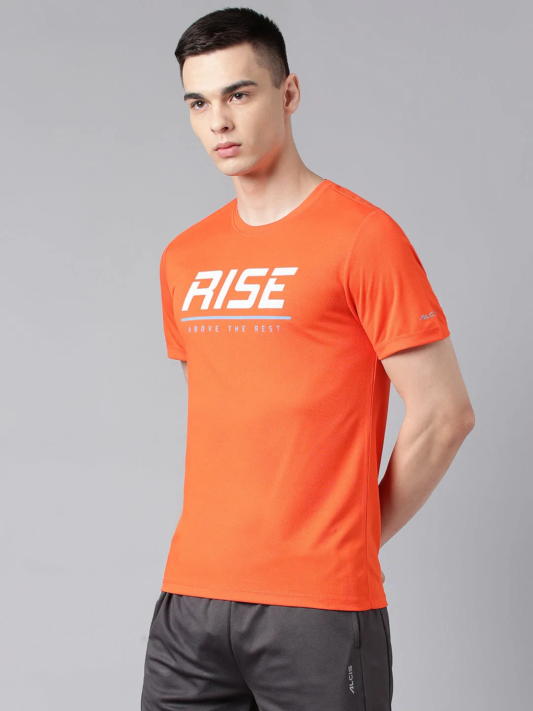 Alcis Men's Printed Orange Anti-Static Drytech  Slim-Fit Training Tee