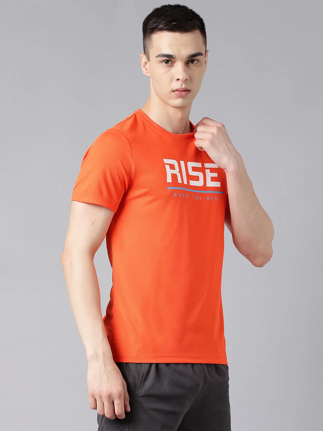 Alcis Men's Printed Orange Anti-Static Drytech  Slim-Fit Training Tee