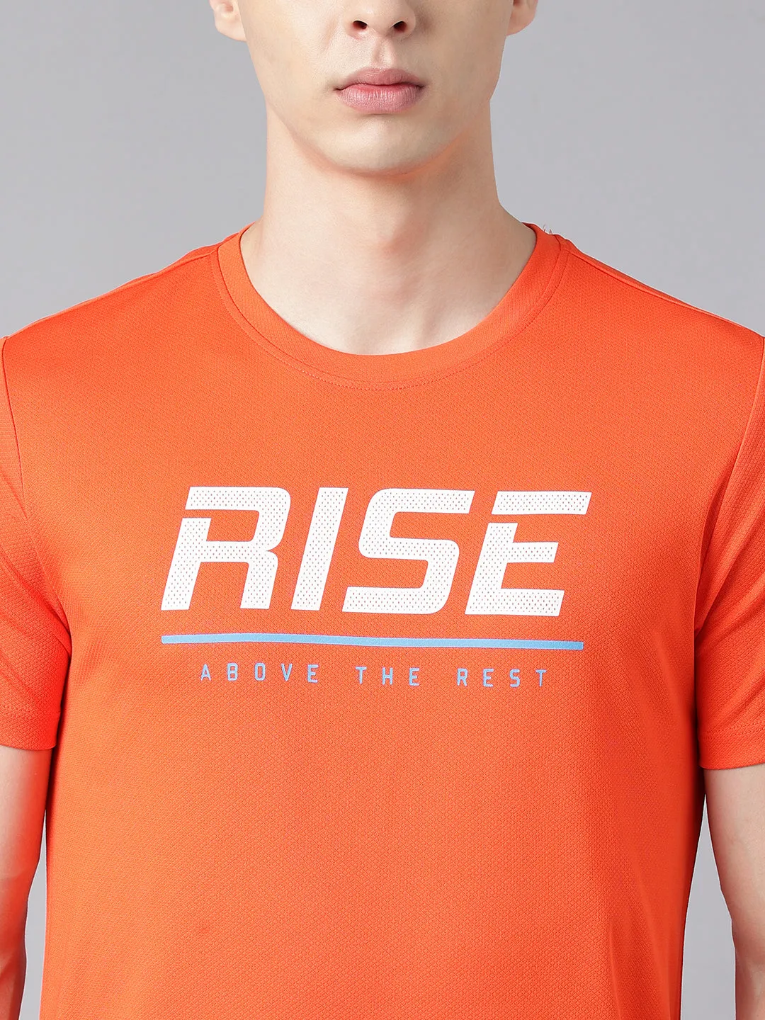 Alcis Men's Printed Orange Anti-Static Drytech  Slim-Fit Training Tee