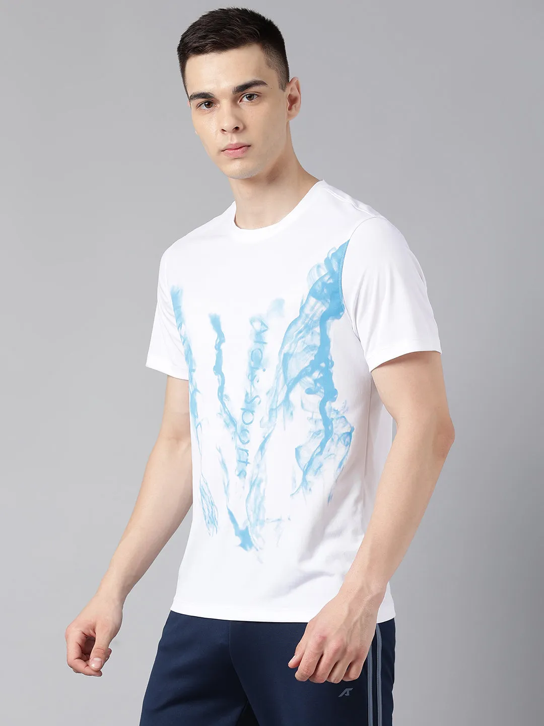 Alcis Men's Printed White Anti-Static Drytech  Slim-Fit Training T-Shirt