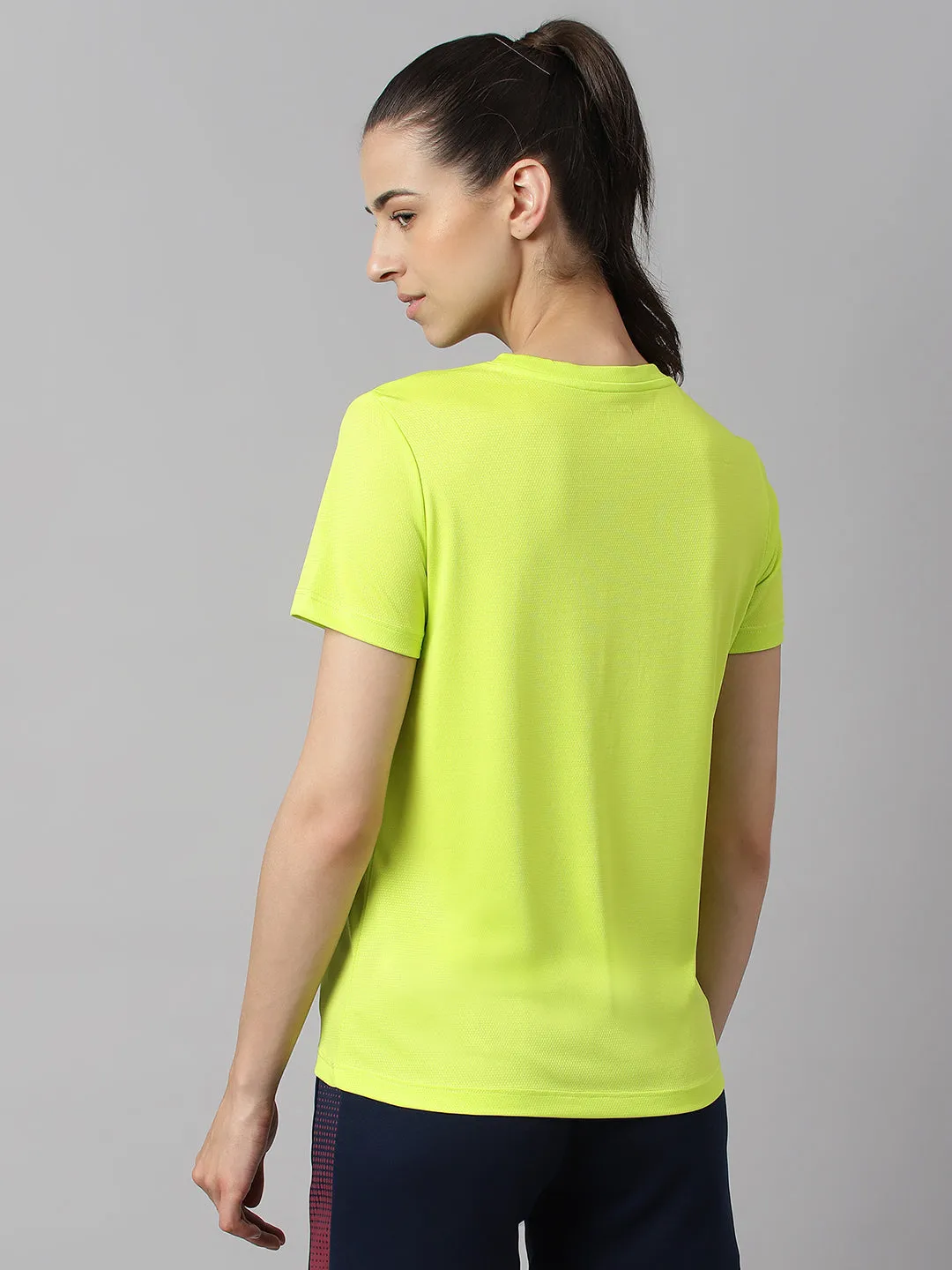 Alcis Women Printed Neon Green Anti-Static Slim-Fit Round Neck Training T-Shirt