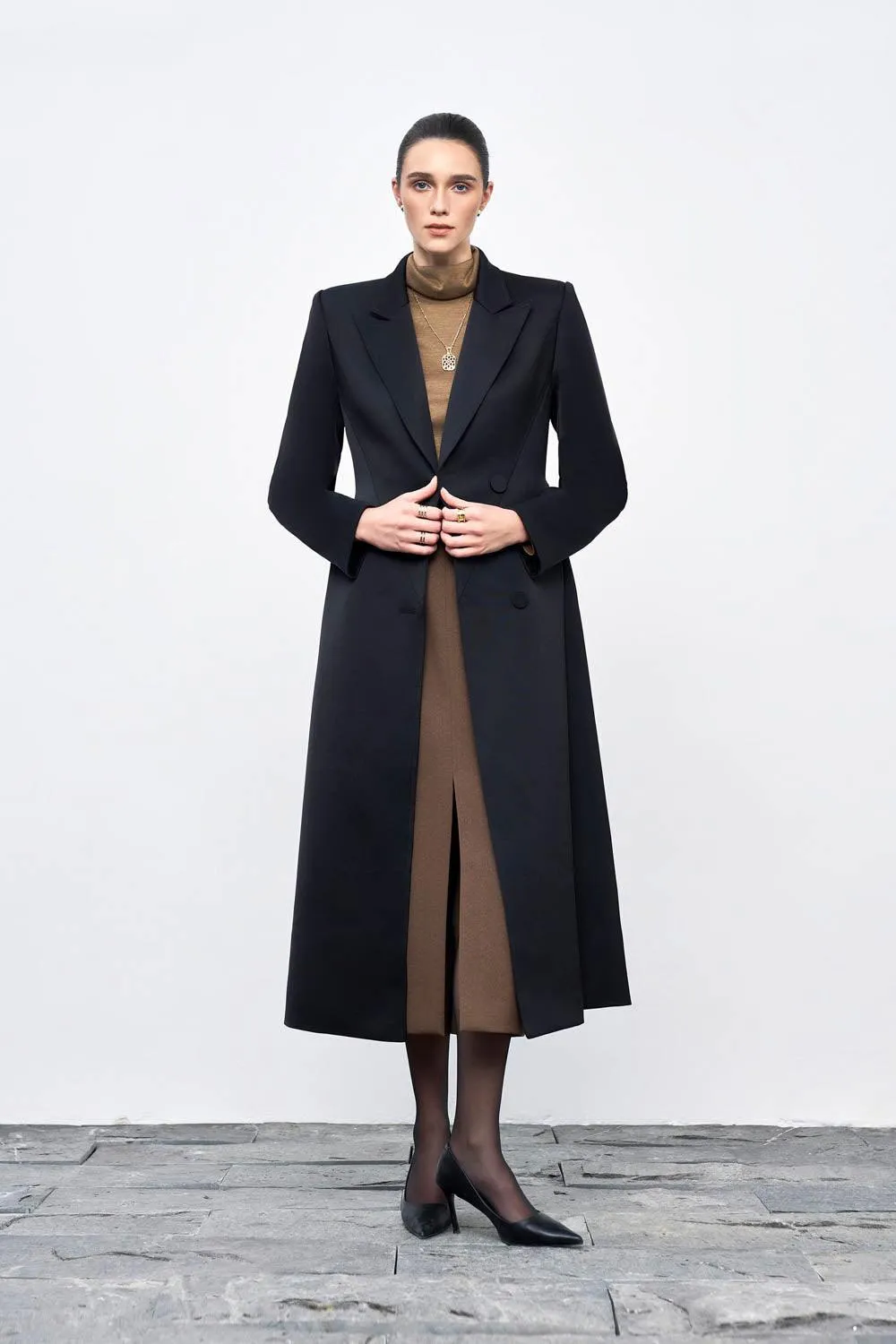 Audrey A-line Notch Lapel Taffeta Calf Length Trench Coat