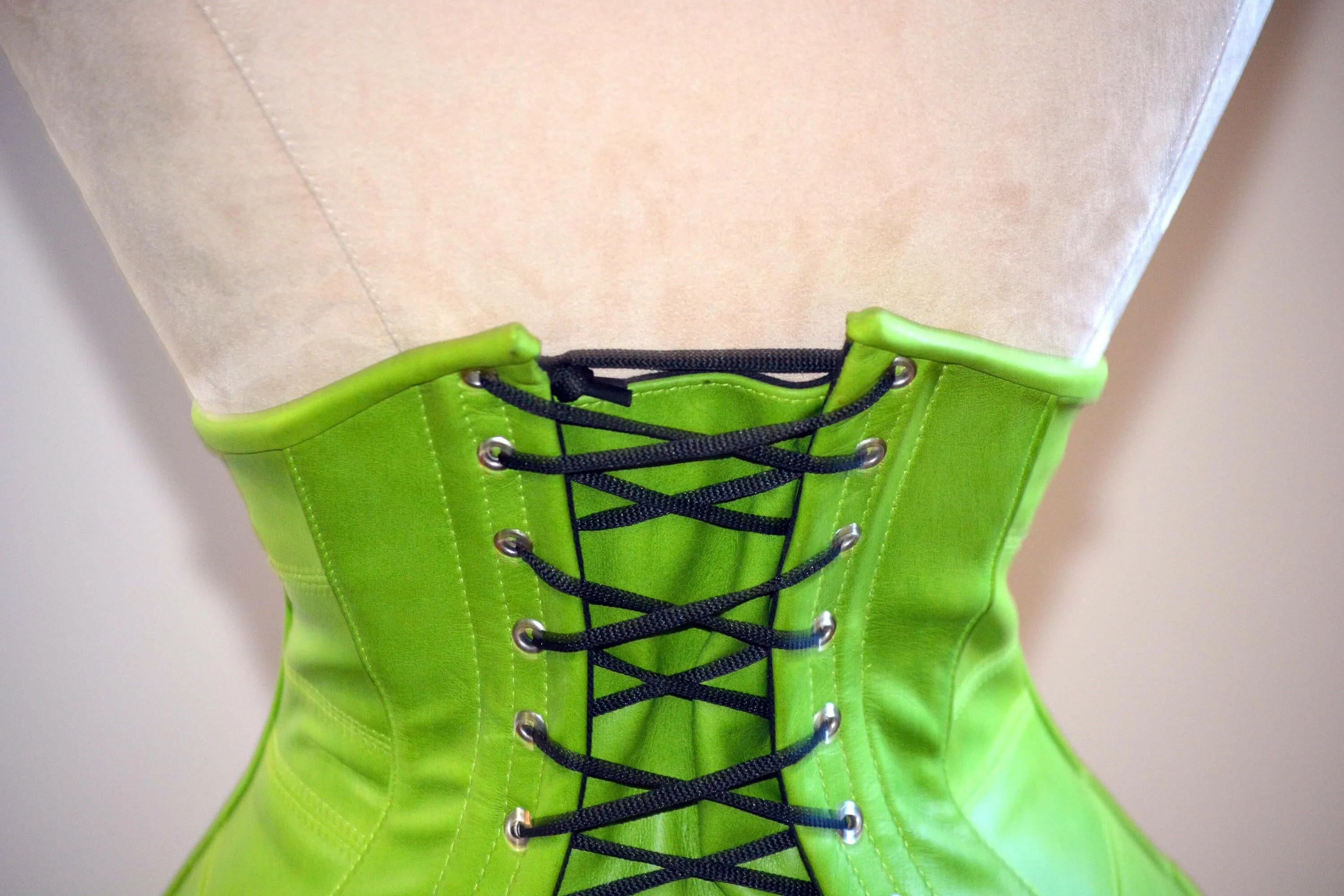 Authentic trendy green steel boned underbust leather corset. Trendy fashion green belt from leather