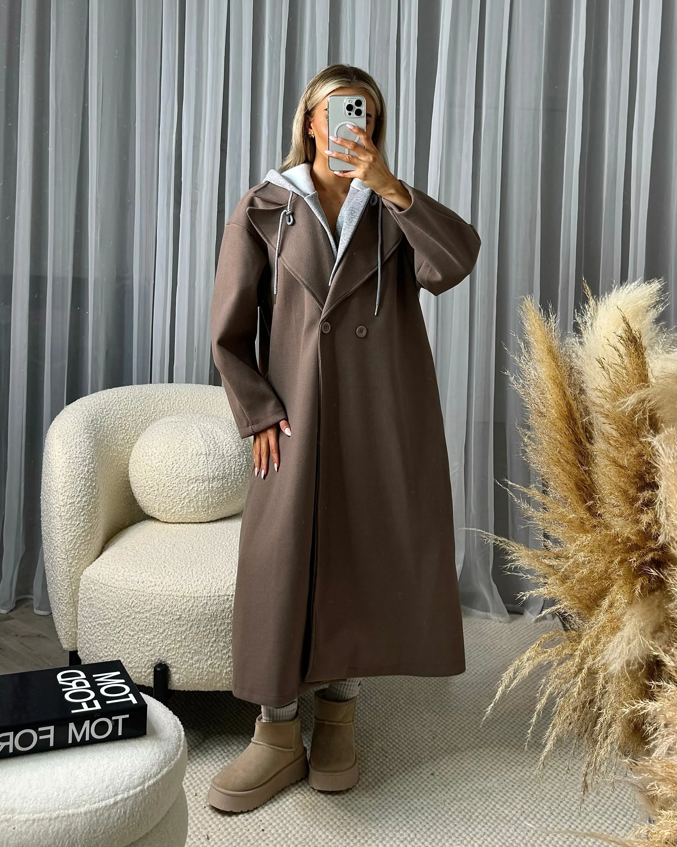 Azalea Hoody Insert Detail Side Pocket Trench Coat - Mocha