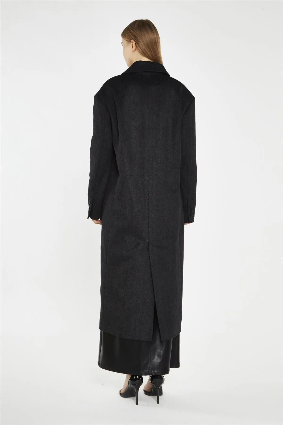 Black Herringbone Oversized Longline-Coat