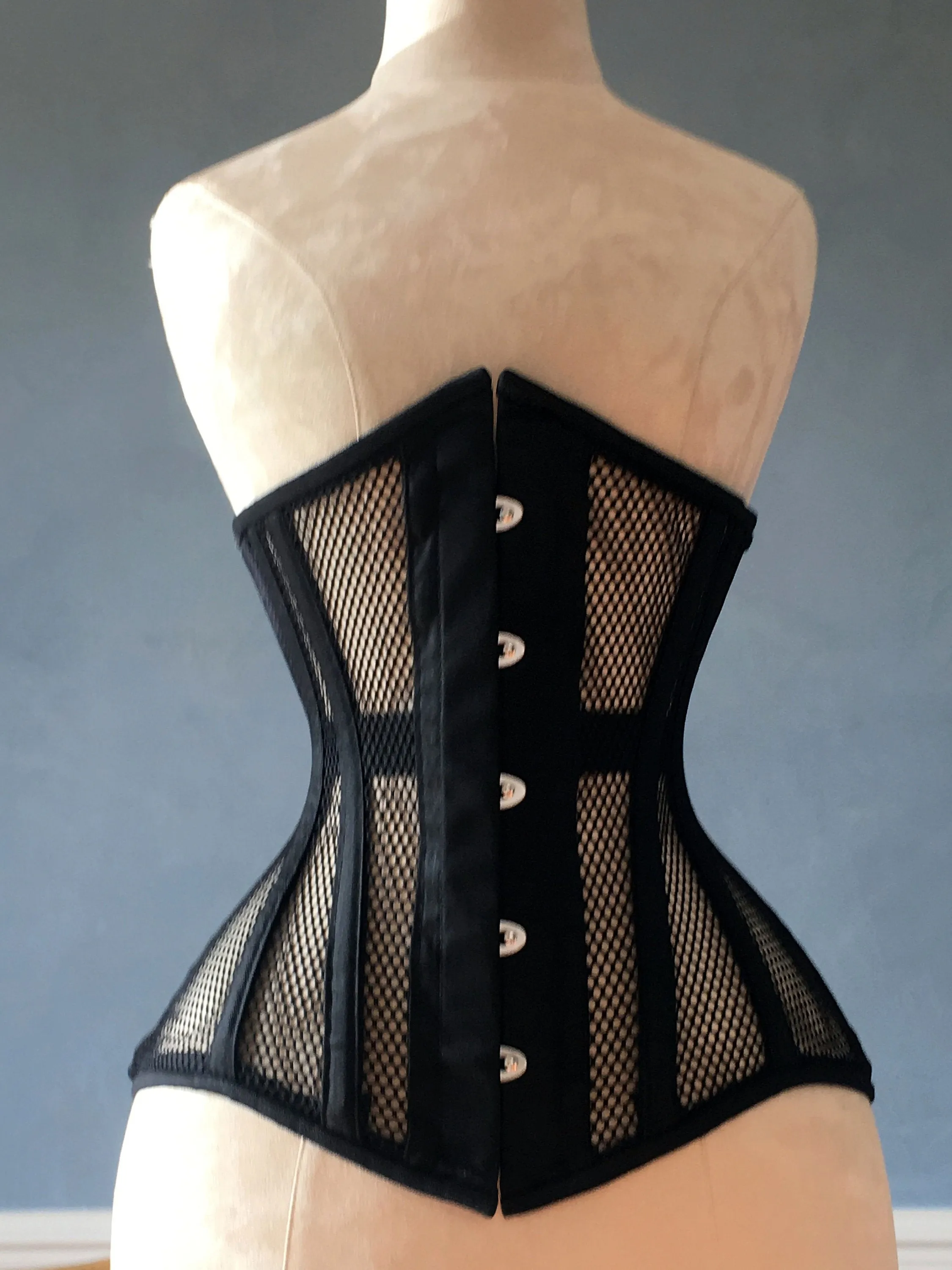 Black steel boned underbust corset from mesh. Authentic corset for tight lacing