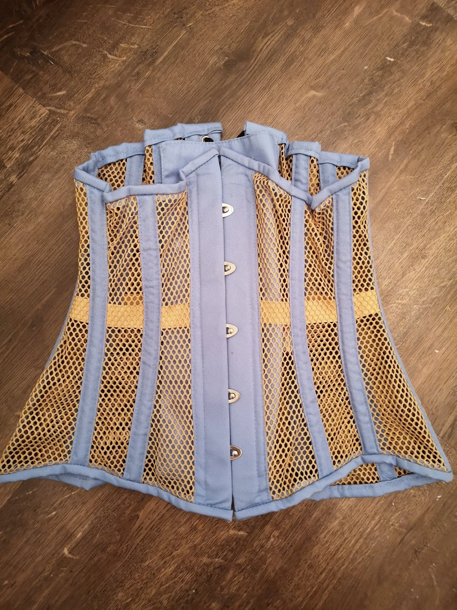 Blue and beige steel boned underbust corset from mesh. Authentic corset for tight lacing