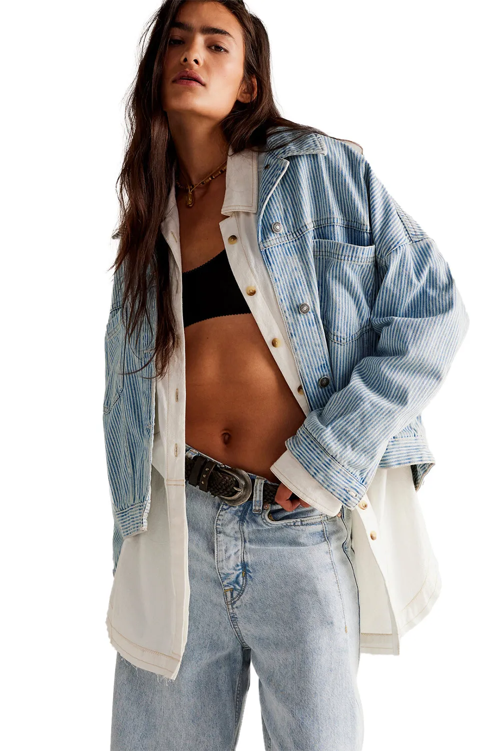 Blue Stripe Washed Oversized Pocketed Denim Jacket