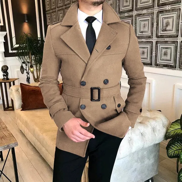 Bonsir Lapel Double Row Button Casual Trench Coat Woolen Coat with Belt Men's Trench Coat Autumn Men's Woolen Business Jacket