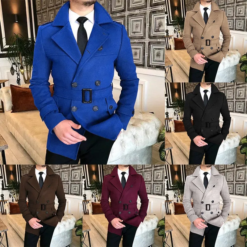 Bonsir Lapel Double Row Button Casual Trench Coat Woolen Coat with Belt Men's Trench Coat Autumn Men's Woolen Business Jacket