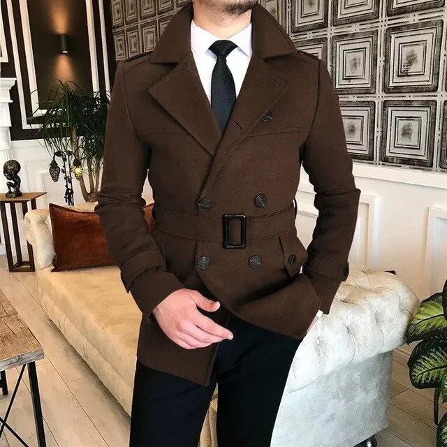 Bonsir Lapel Double Row Button Casual Trench Coat Woolen Coat with Belt Men's Trench Coat Autumn Men's Woolen Business Jacket