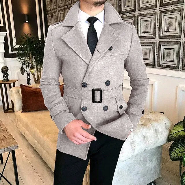 Bonsir Lapel Double Row Button Casual Trench Coat Woolen Coat with Belt Men's Trench Coat Autumn Men's Woolen Business Jacket