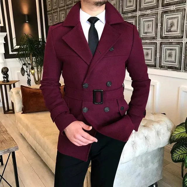 Bonsir Lapel Double Row Button Casual Trench Coat Woolen Coat with Belt Men's Trench Coat Autumn Men's Woolen Business Jacket