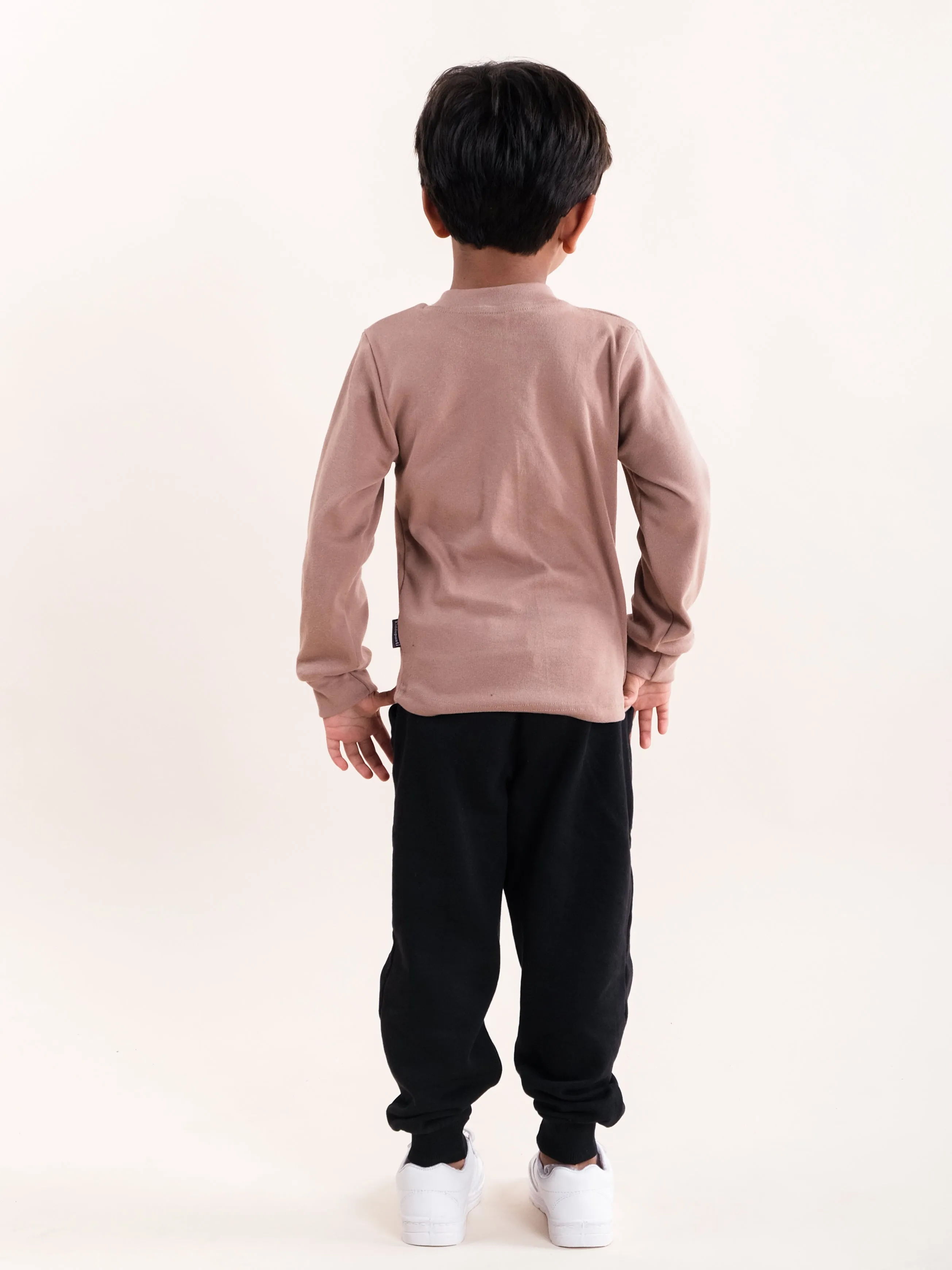 Boys Cotton Solid Full Sleeve Henley Neck Rib Tee With Fleece Track Pant Set