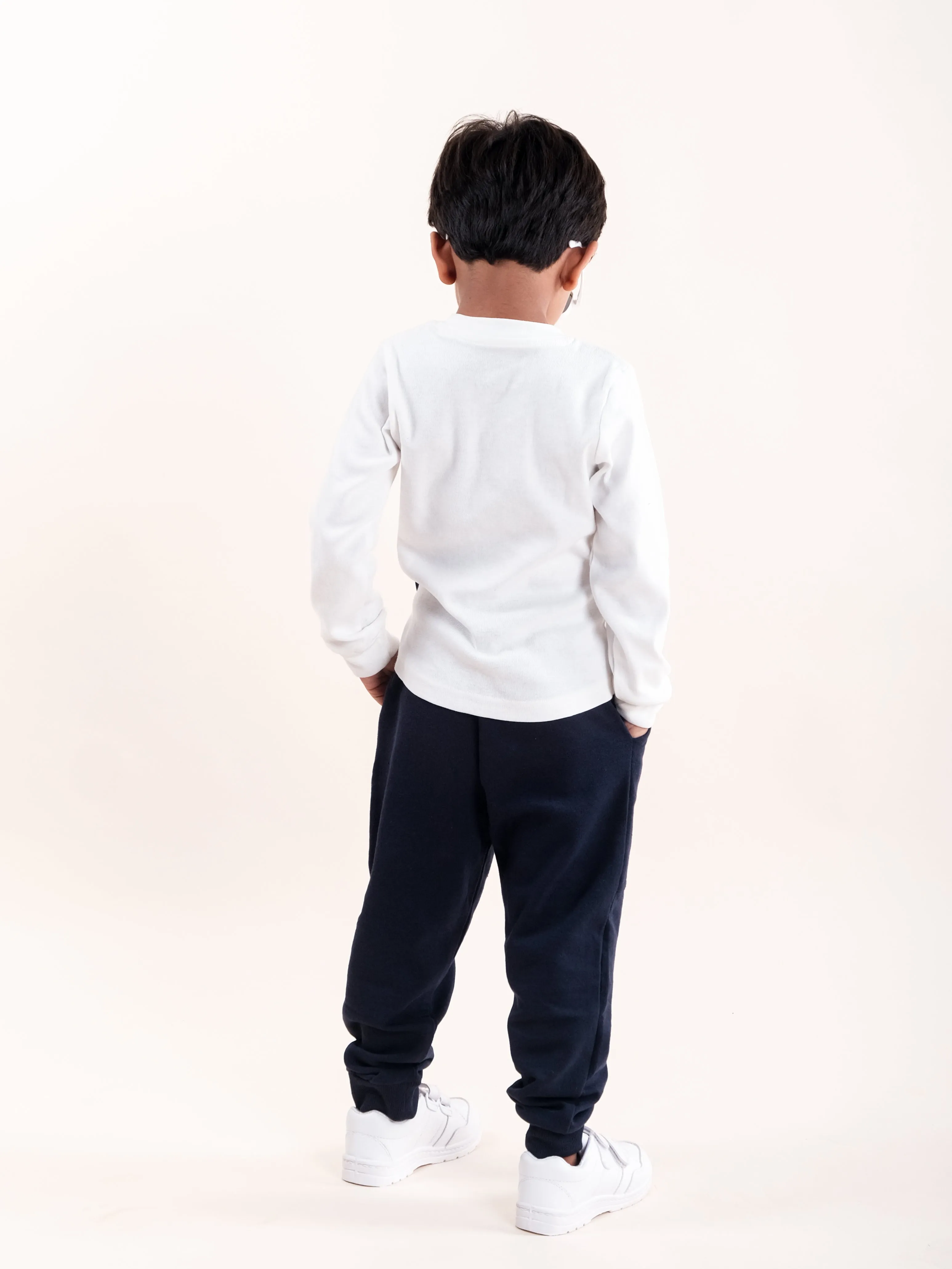 Boys Cotton Solid Full Sleeve Henley Neck Rib Tee With Fleece Track Pant Set