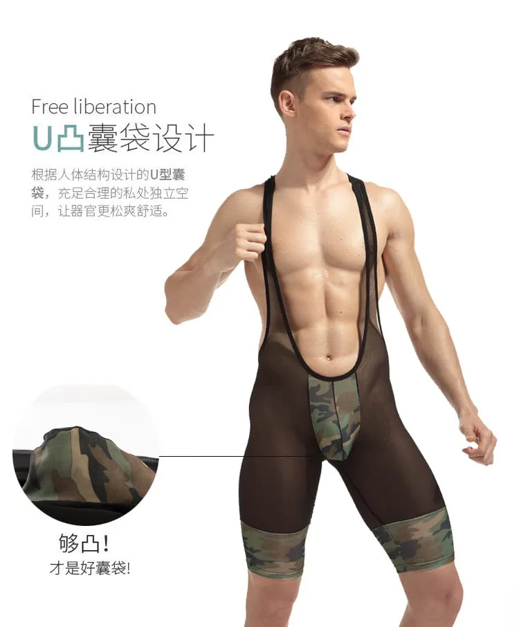 Camouflage See-Through Men Unitard