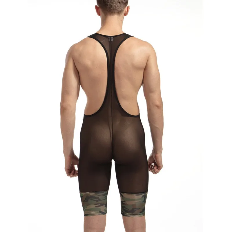 Camouflage See-Through Men Unitard