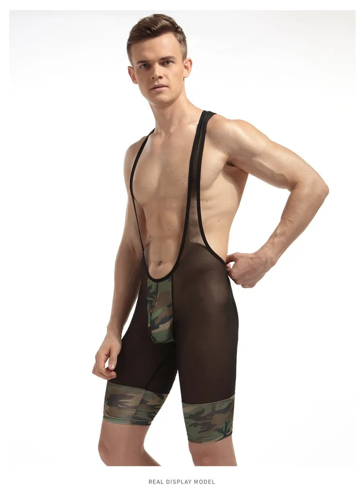 Camouflage See-Through Men Unitard