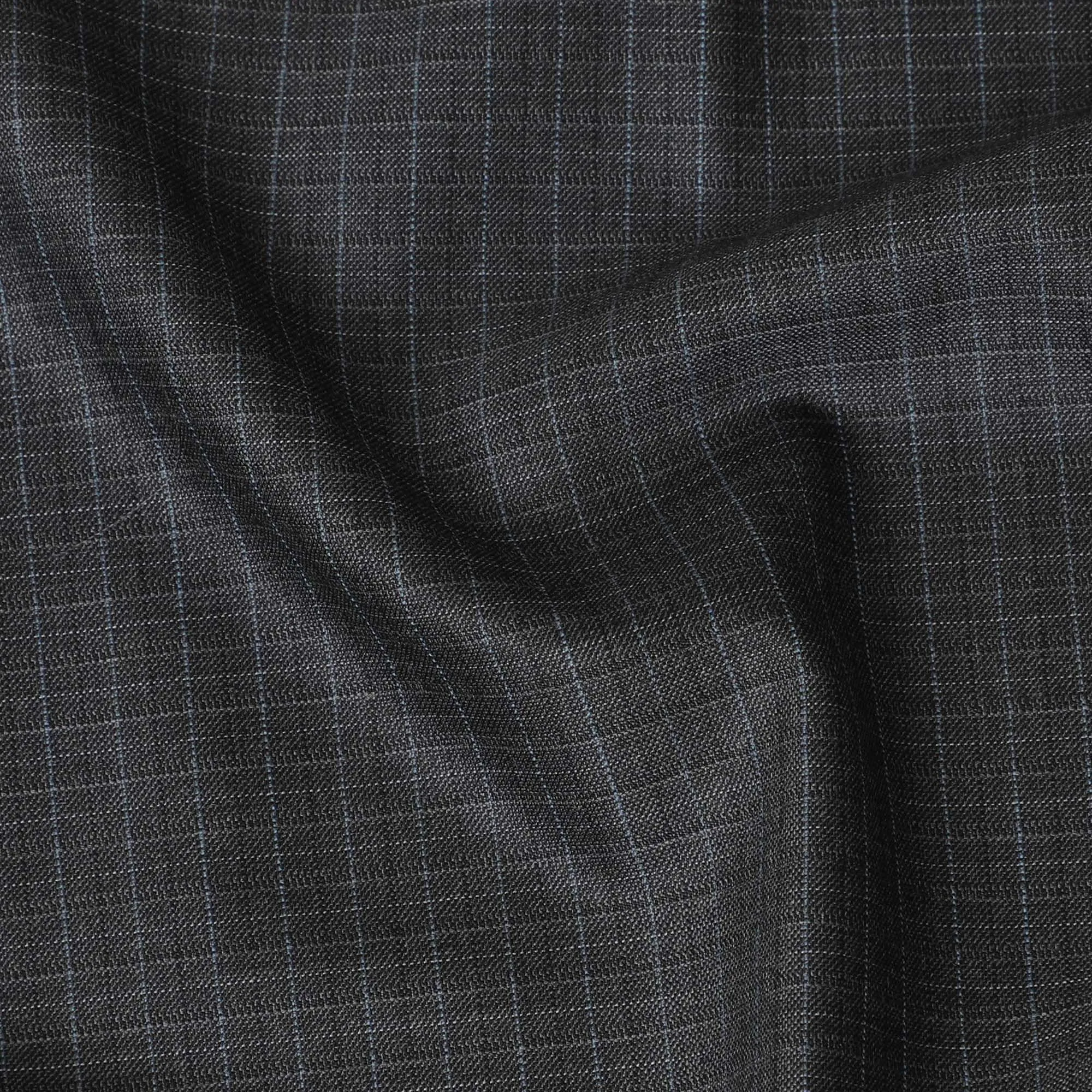 Coin grey Premiuum Super 140's English all wool suiting fabric having same tone and baby blue checks design-D13098