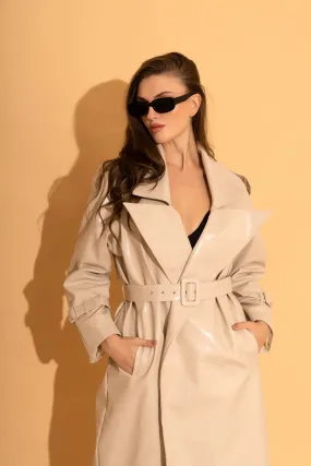 Cream Faux Leather Trench