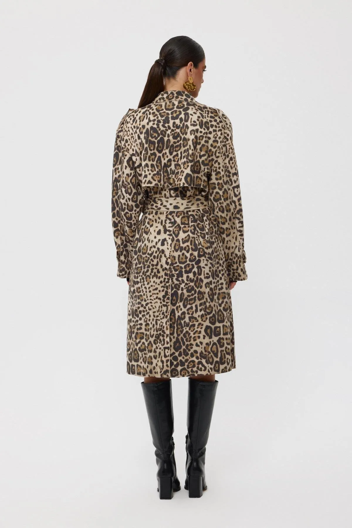 Cream Leopard Belted Back Slit Trench Coat