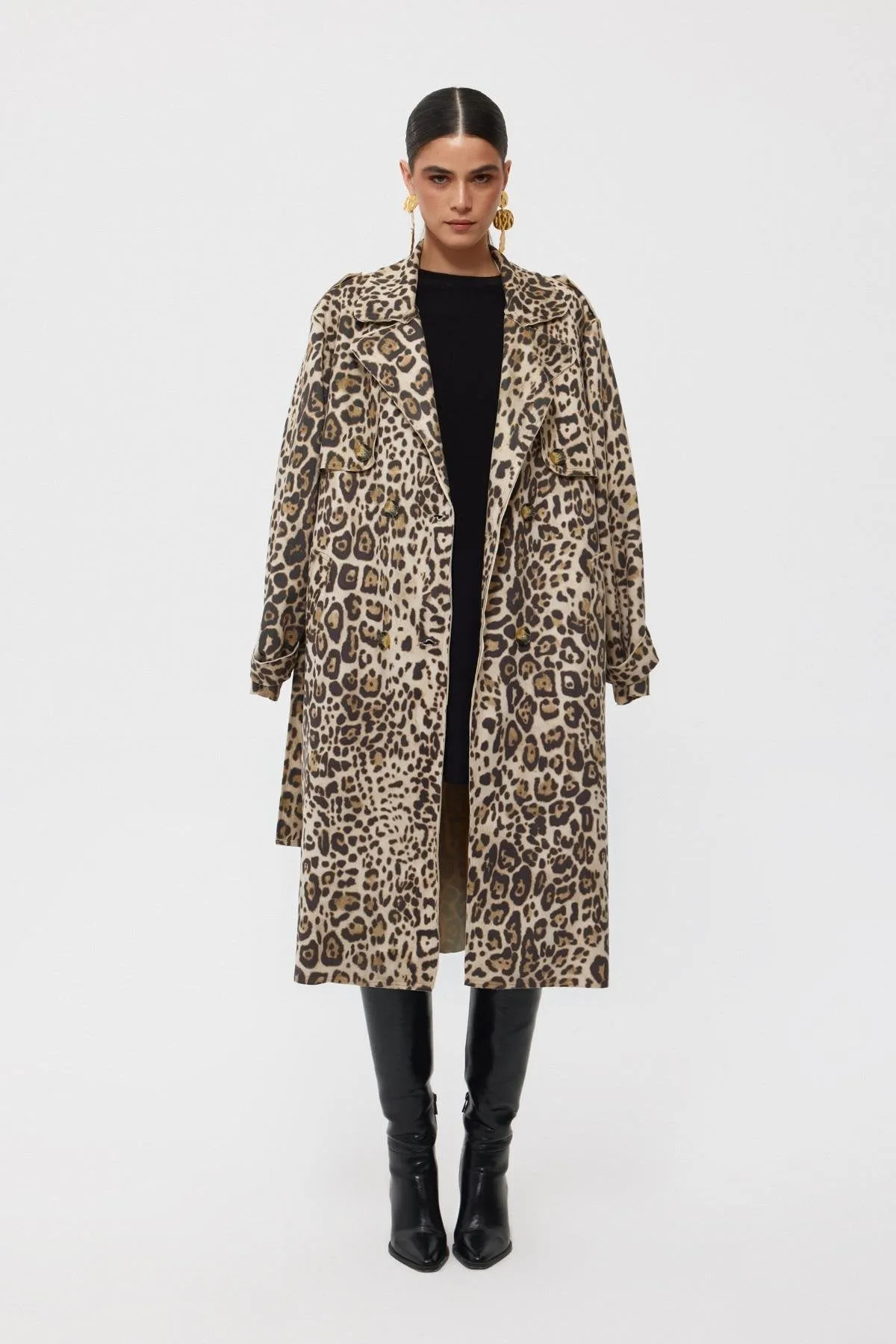 Cream Leopard Belted Back Slit Trench Coat