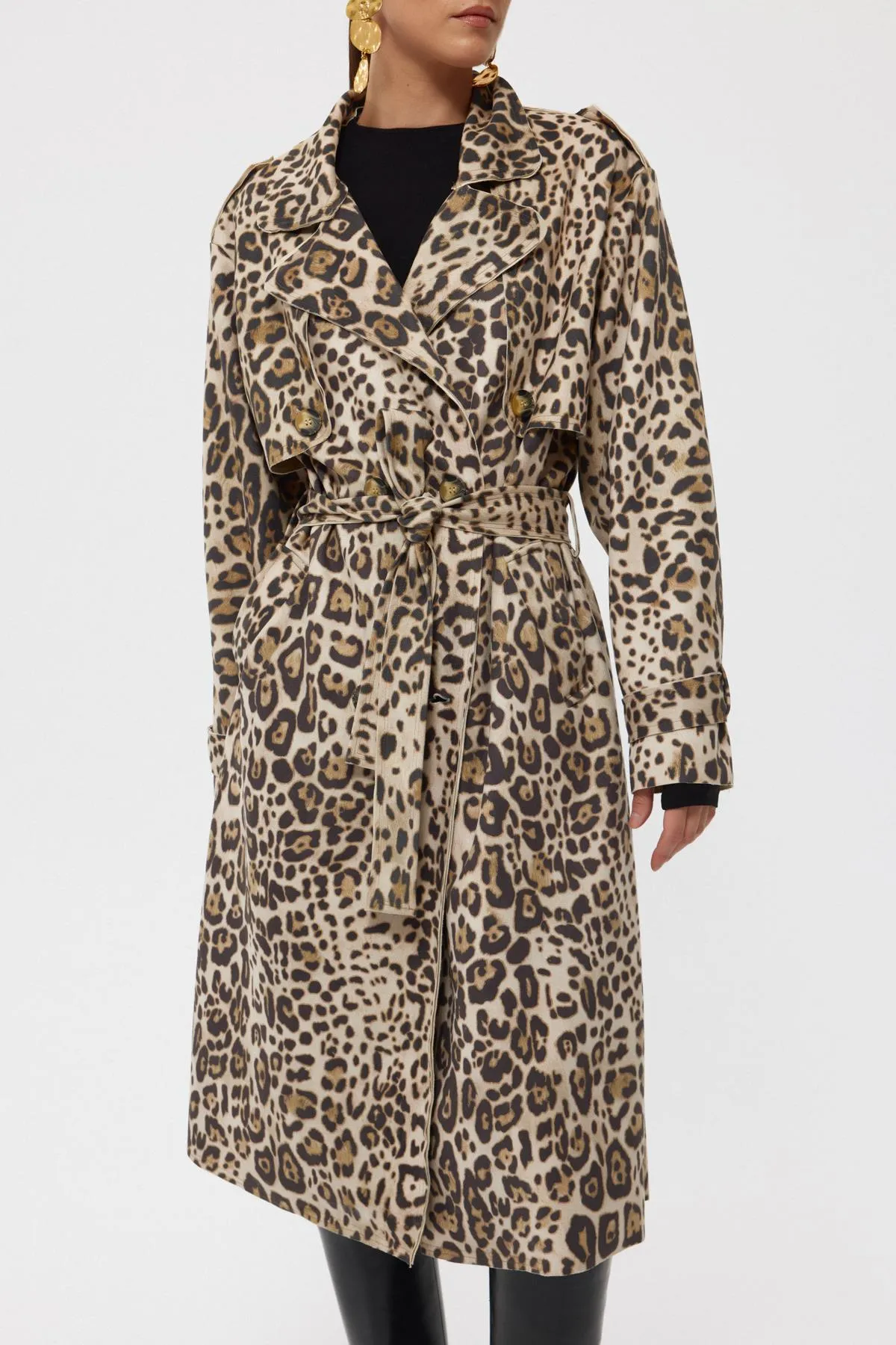 Cream Leopard Belted Back Slit Trench Coat