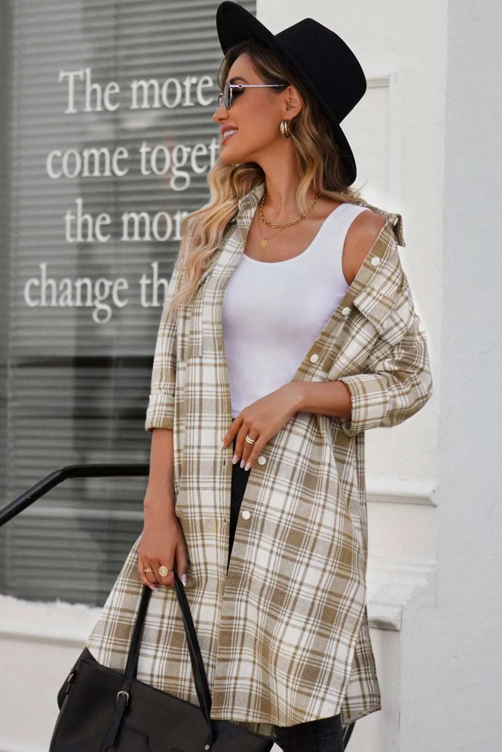 Double Take Plaid Button-Up Longline Shacket with Breast Pockets