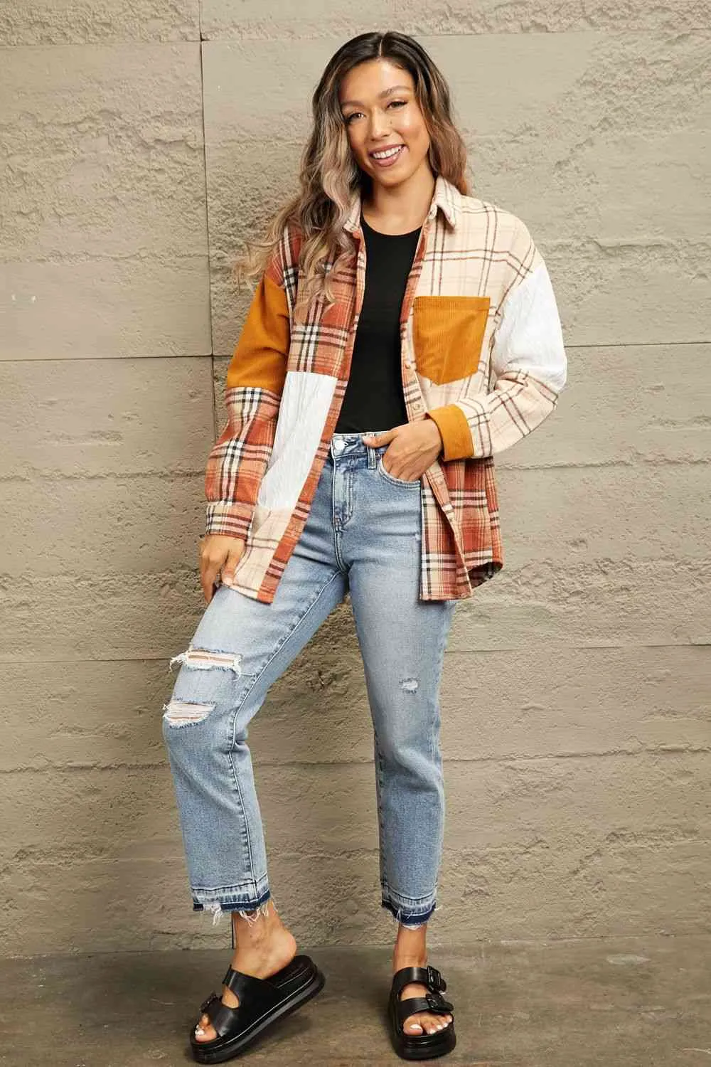 Double Take Plaid Color Block Dropped Shoulder Shacket