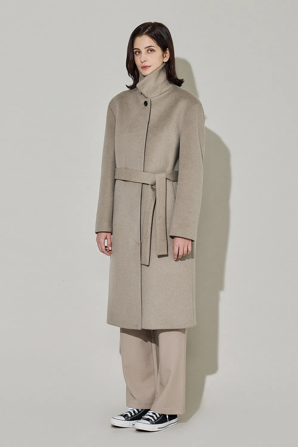 EDUARDO Women Belted Wool-Cashmere Single-Breasted Mac Balmacaan Long Coat.