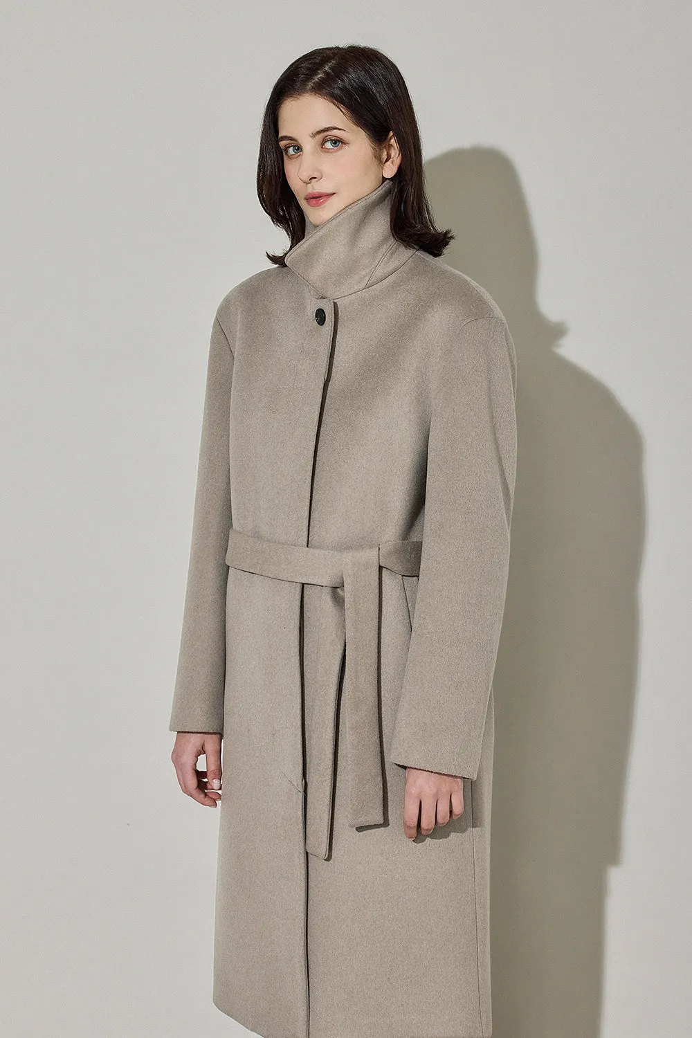 EDUARDO Women Belted Wool-Cashmere Single-Breasted Mac Balmacaan Long Coat.