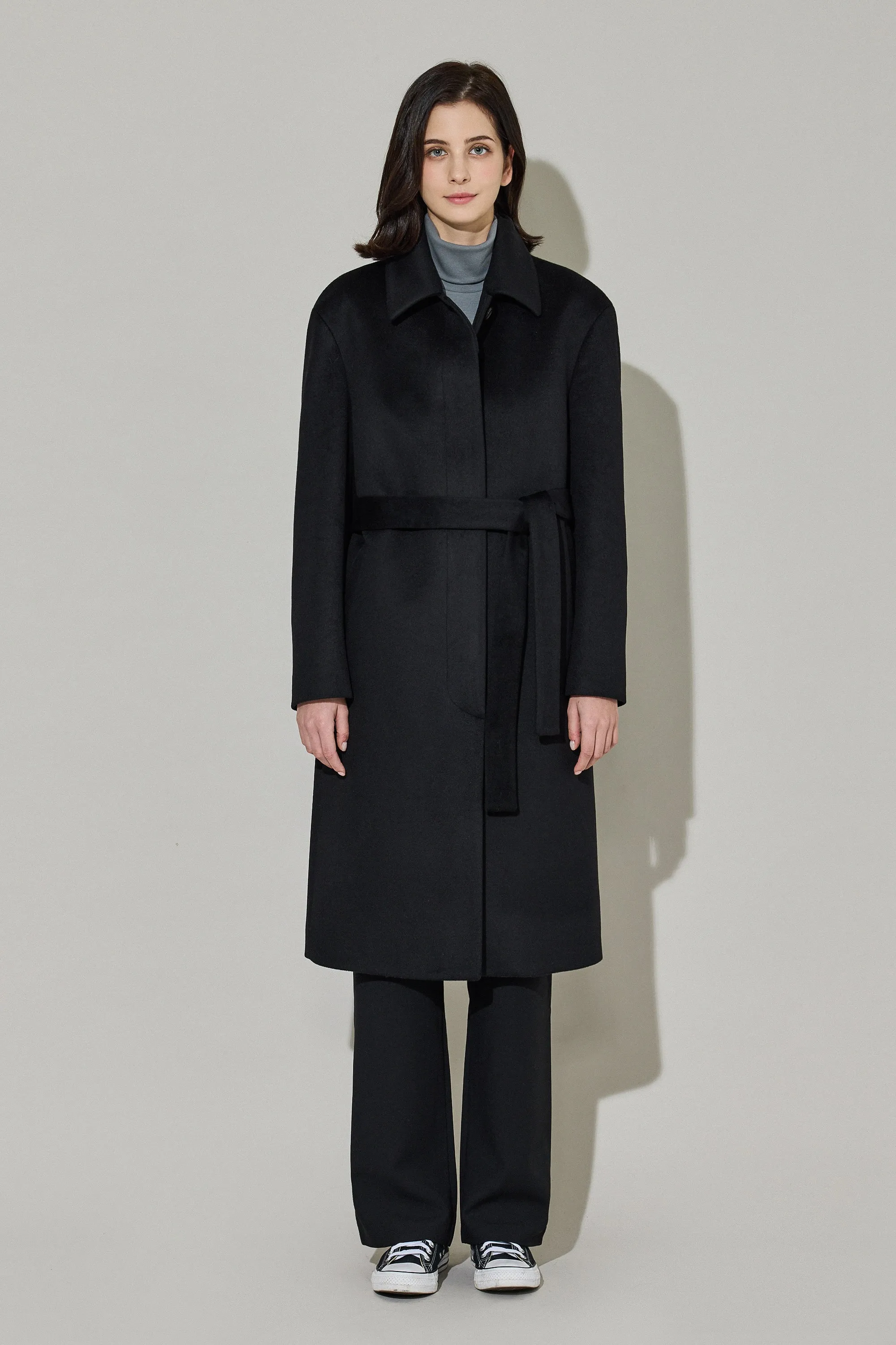 EDUARDO Women Belted Wool-Cashmere Single-Breasted Mac Balmacaan Long Coat.