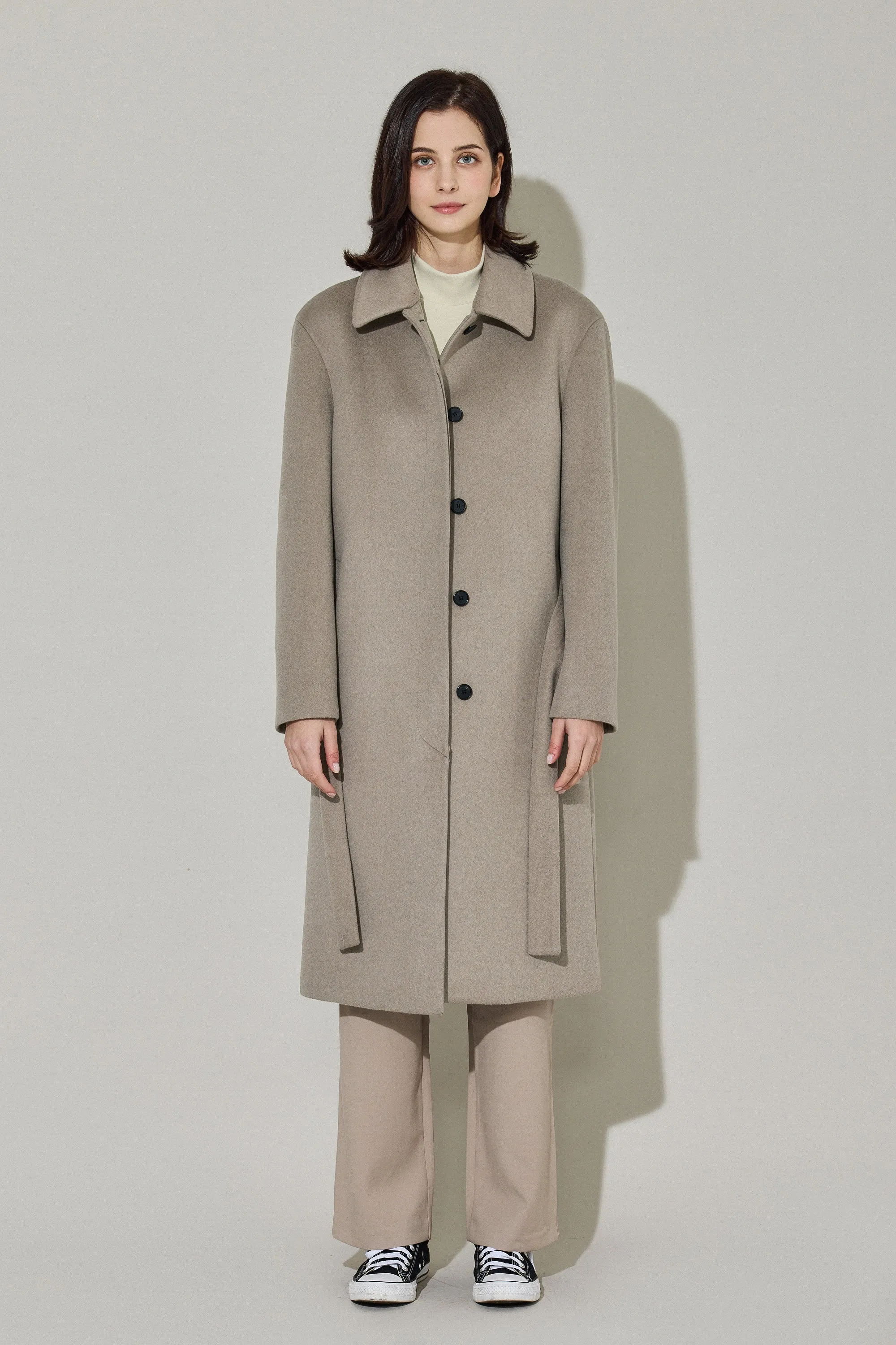 EDUARDO Women Belted Wool-Cashmere Single-Breasted Mac Balmacaan Long Coat.