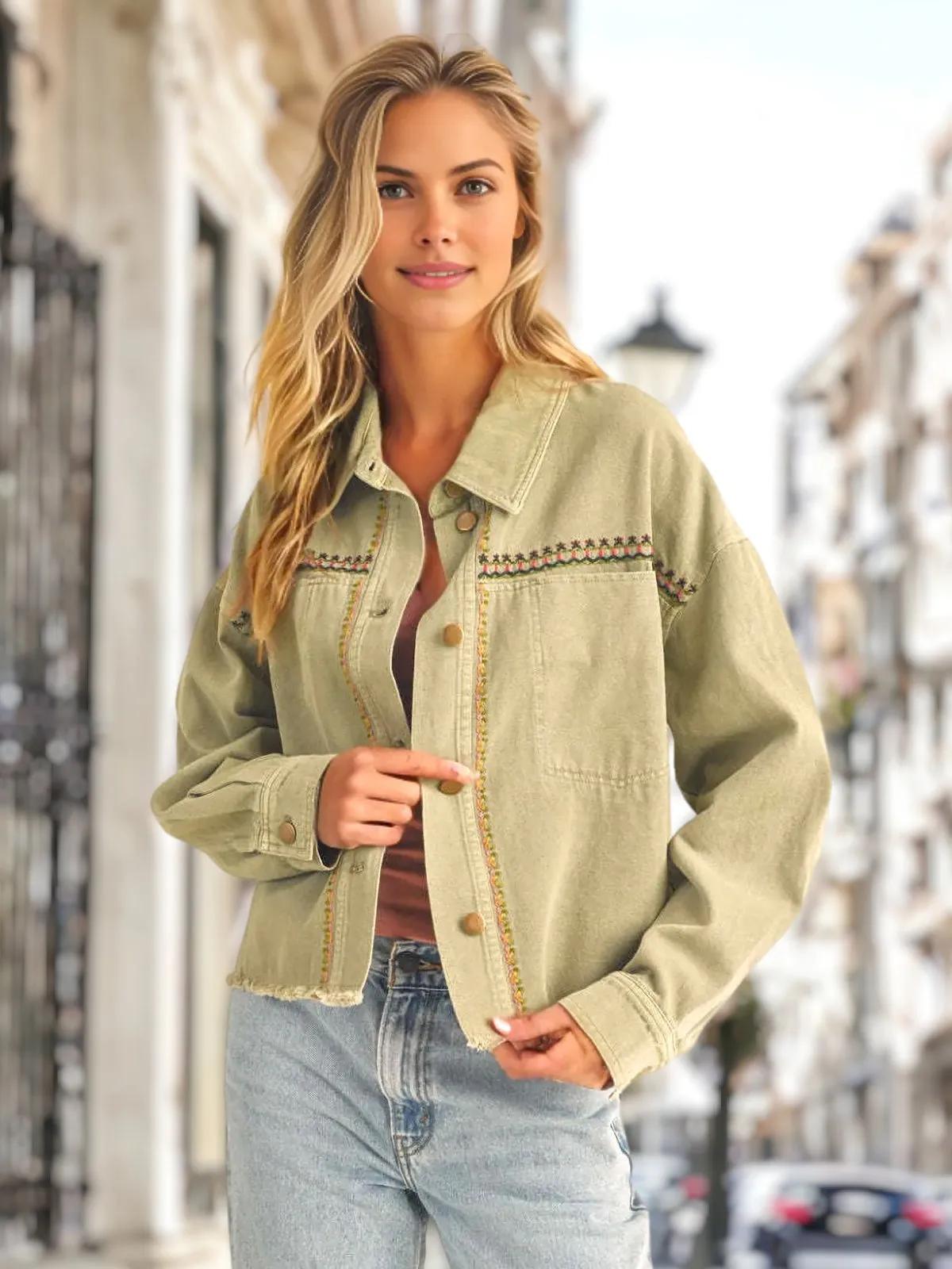 Embroidered Detail Button Down Shacket by Anna-Kaci