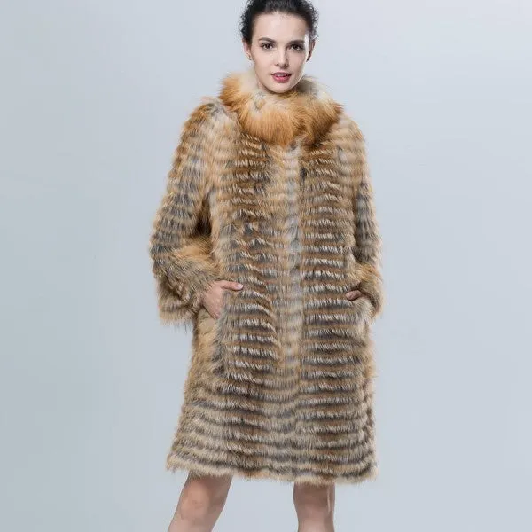 fashion women red fox fur trench coat