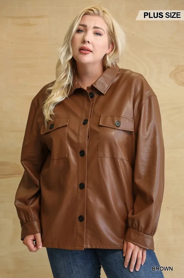 Faux Leather Button Down Shacket With Side Pockets