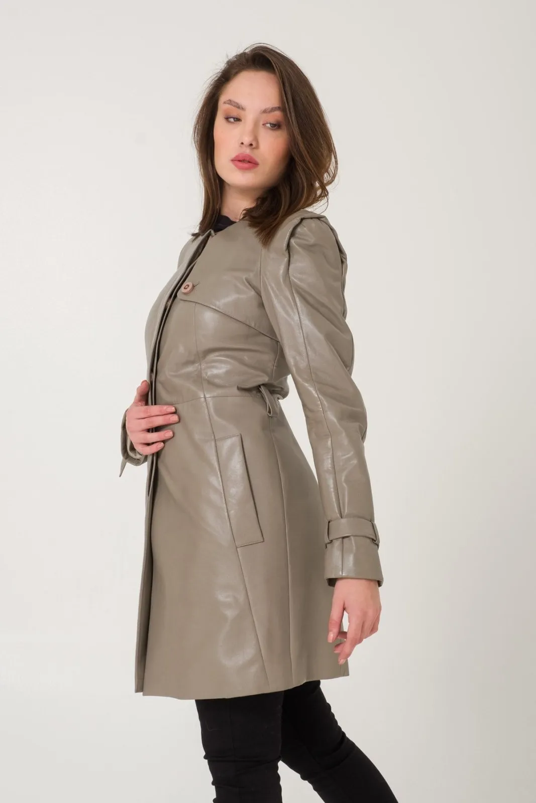 Grey Leather Trench Coat