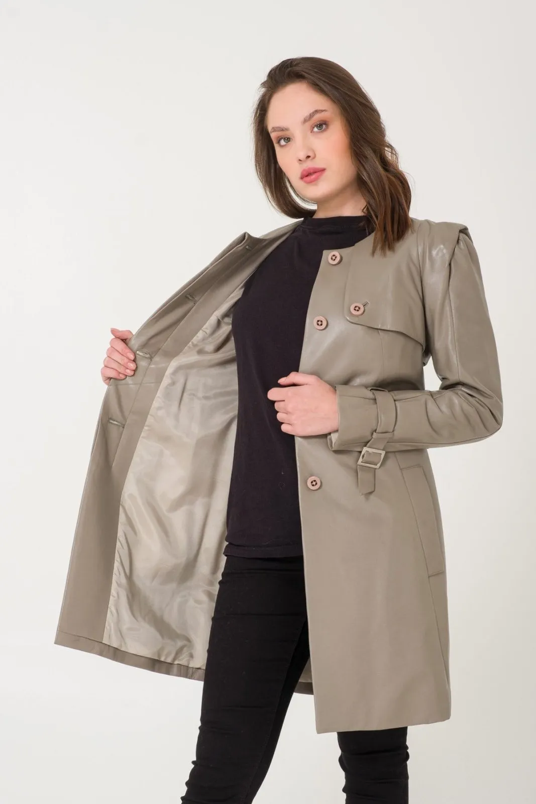 Grey Leather Trench Coat