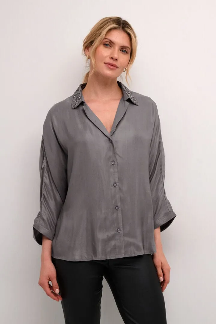 GREY SATIN BUTTON DOWN COLLAR SHIRT