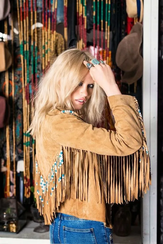 Hendrix Jacket Tan Genuine Suede Leather Fully Lined Coat With Beaded Fringe On Front Back And Sleeves Epic Cowhide Festival Fox Winter Outerwear Size XS