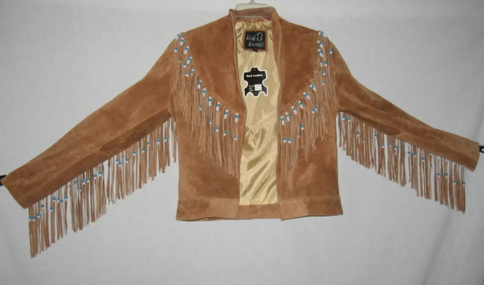 Hendrix Jacket Tan Genuine Suede Leather Fully Lined Coat With Beaded Fringe On Front Back And Sleeves Epic Cowhide Festival Fox Winter Outerwear Size XS