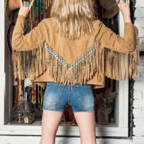 Hendrix Jacket Tan Genuine Suede Leather Fully Lined Coat With Beaded Fringe On Front Back And Sleeves Epic Cowhide Festival Fox Winter Outerwear Size XS