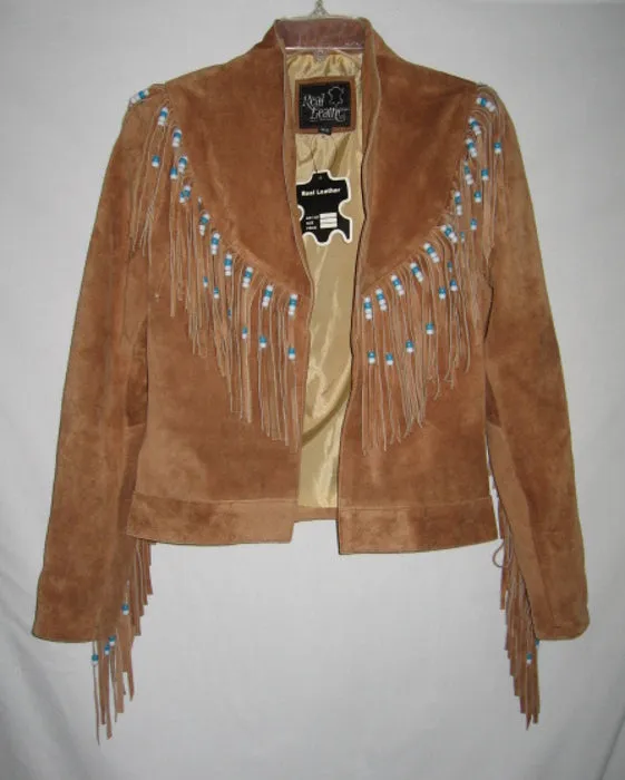 Hendrix Jacket Tan Genuine Suede Leather Fully Lined Coat With Beaded Fringe On Front Back And Sleeves Epic Cowhide Festival Fox Winter Outerwear Size XS