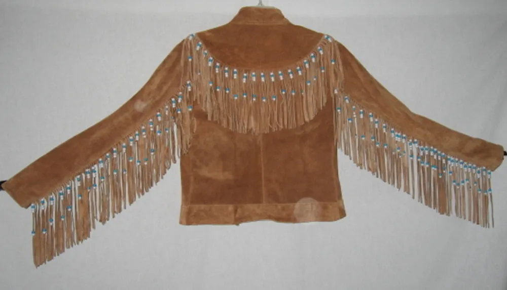 Hendrix Jacket Tan Genuine Suede Leather Fully Lined Coat With Beaded Fringe On Front Back And Sleeves Epic Cowhide Festival Fox Winter Outerwear Size XS